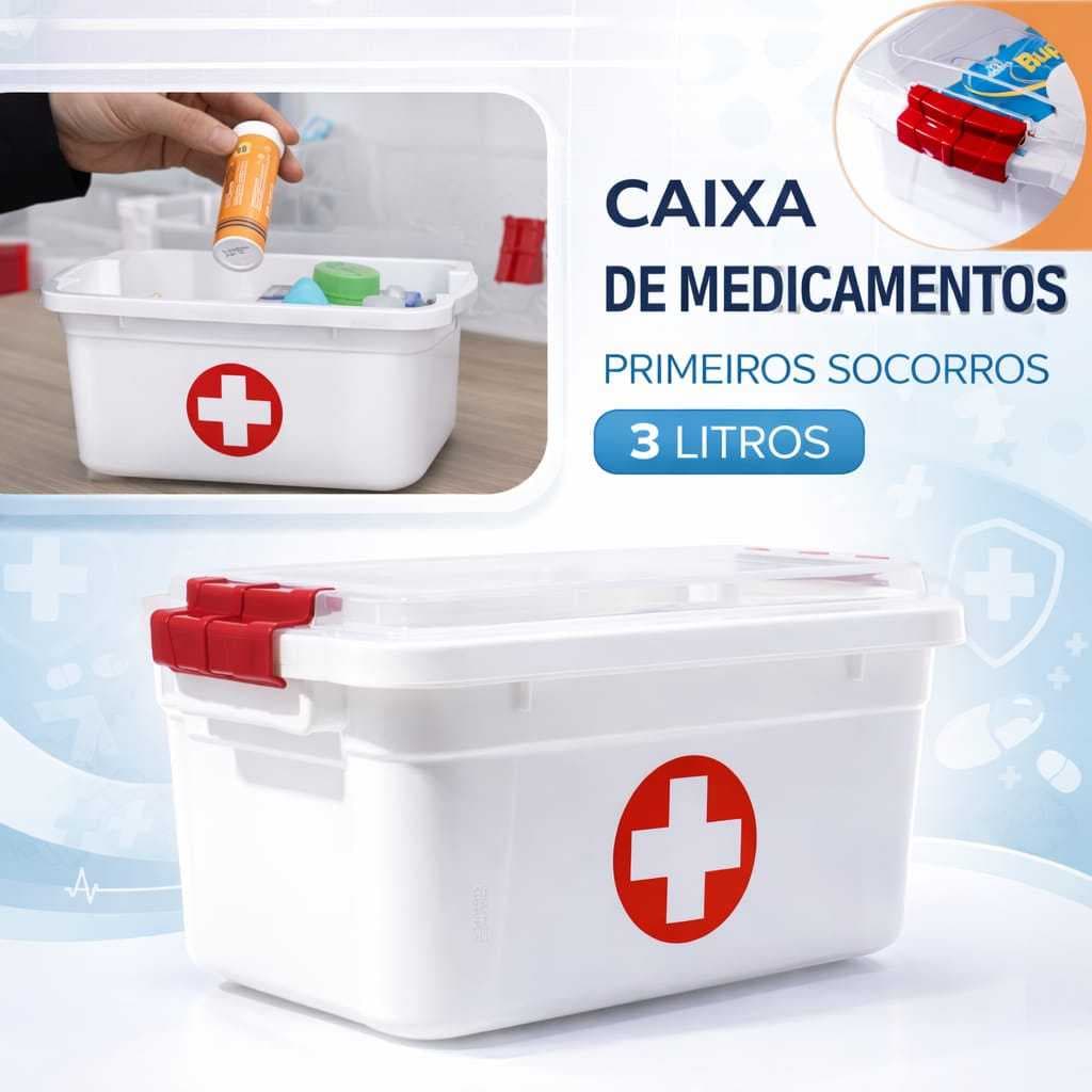 Caixa Para Medicamentos 3 Litros Uninjet Com Tampa Segura Duas Travas Pote Primeiros Socorros Pratico Seguro