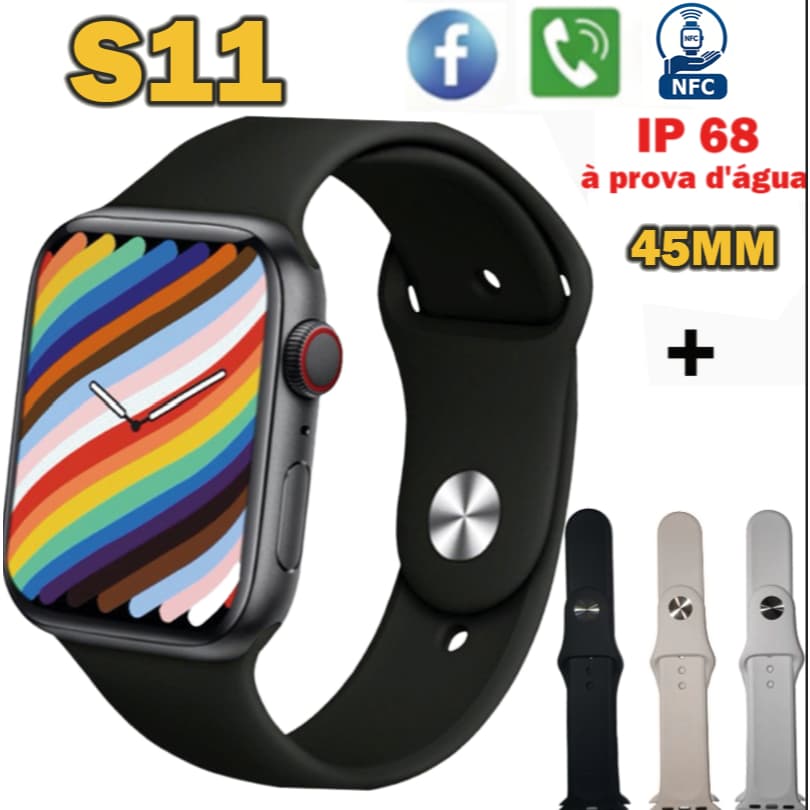 Relógio Inteligente S11 Smartwatch 45mm NFC Chamada Bluetooth IP68 À Prova D'água com 4 Pulseiras