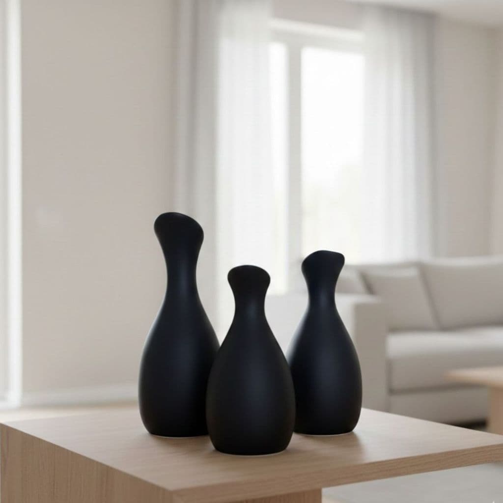 Trio de Vasos Decorativos Preto Fosco em Cerâmica Design Moderno para Sala e Aparador Decoração