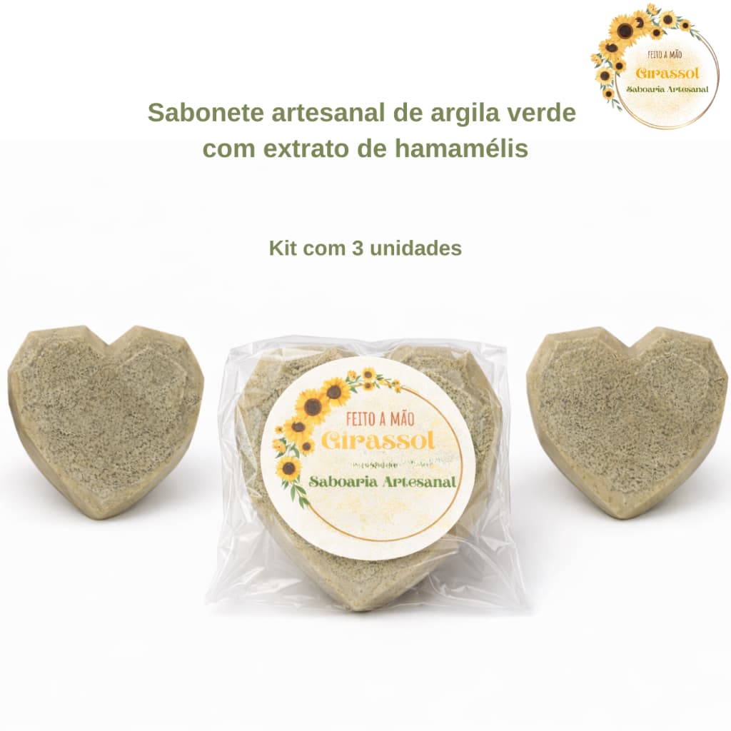 Kit 3 Sabonetes Argila Verde Hamamélis 45g Artesanal Acne Oleosidade Limpeza Profunda