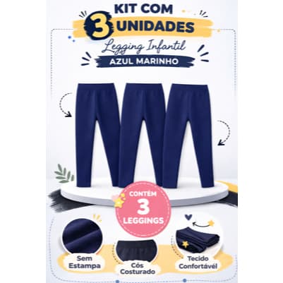 kit 3 Legging Infantil Térmica  Peças Azul Marinho
