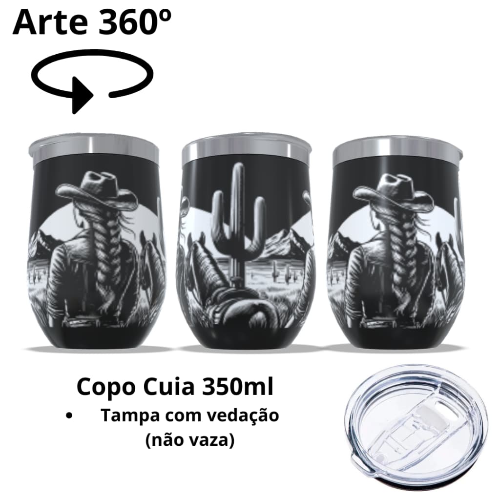 COPO TÉRMICO CANECA CUIA OVO GARRAFA ARTE 360º GRAUS COPO INTEIRO TEMA: MULHER CAVALEIRA CAVALO E MULHER BOIADEIRA