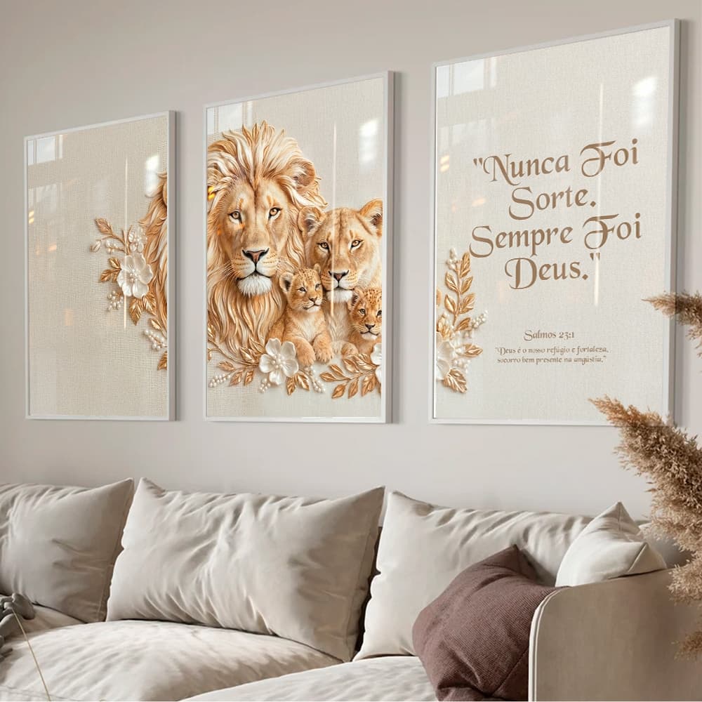 Quadros Decorativos Trio Leão Filhotes leoa Frase Motivacional Sala Moderno
