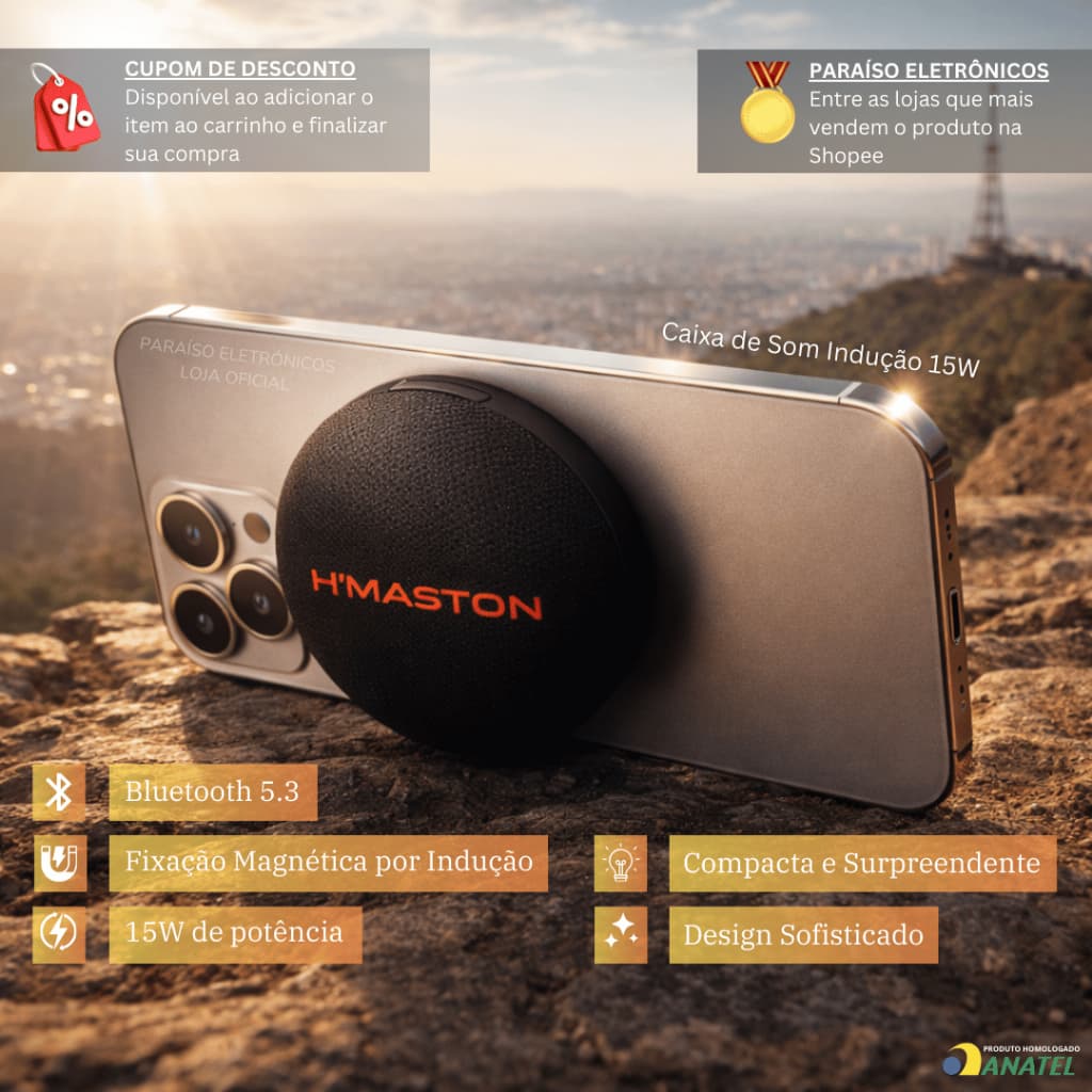 Caixa de Som 15W POTENTE INDUÇÃO Sem Fio Magnética Portátil Bluetooth Prova d'Água HMaston