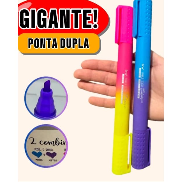 Kit 2 Caneta Marca Texto Brw Double Infinity Gigante - 4 Cores - Azul - Roxo - Rosa - Amarelo Ponta Chanfrada