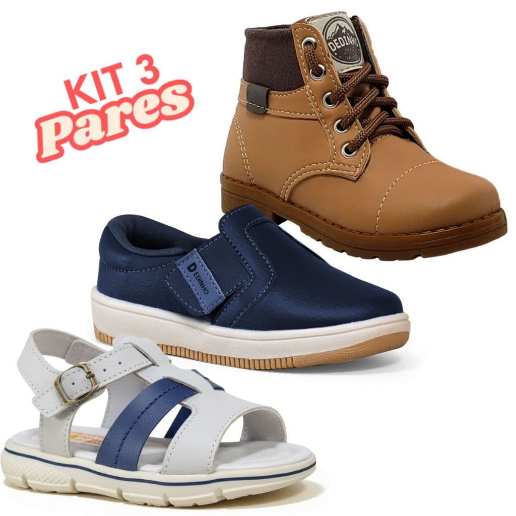 Kit 3 Pares Infantil Menino Bota Coturno + Tênis Slip on + Papete Conforto Marinho Caramelo Preto