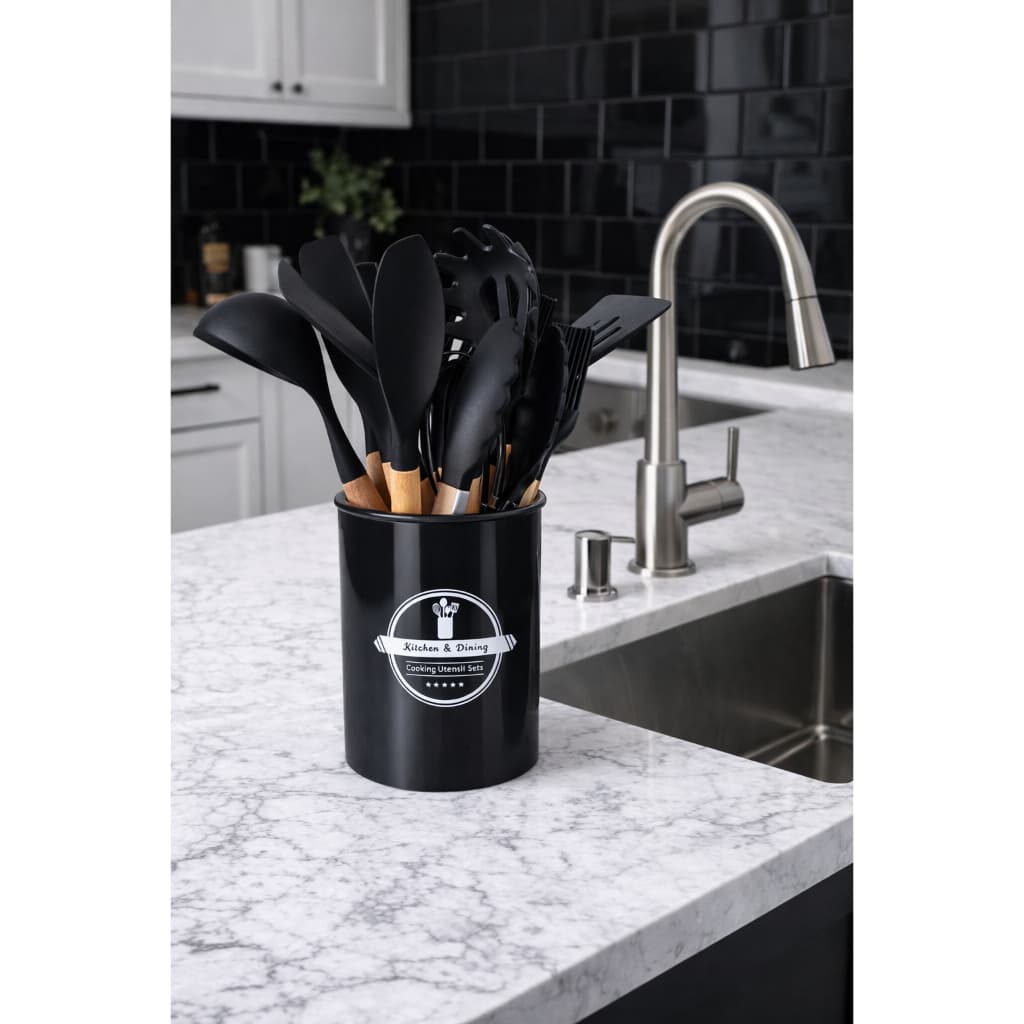 PRETO - Conjunto de Utensílios de Cozinha 12 Peças - Silicone e Cabo de Madeira