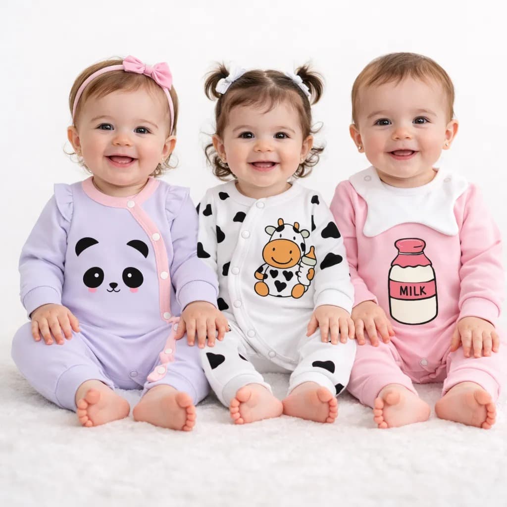 Kit 3 Macacão Bebê Suedine 100% Algodão Antialérgico Macio Recém Nascido a 12 Meses