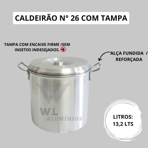 Caldeirões de Alumínio Reforçado Nº 26– Tipo Hotel – Latão com Tampa para Armazenar Carne e Banha