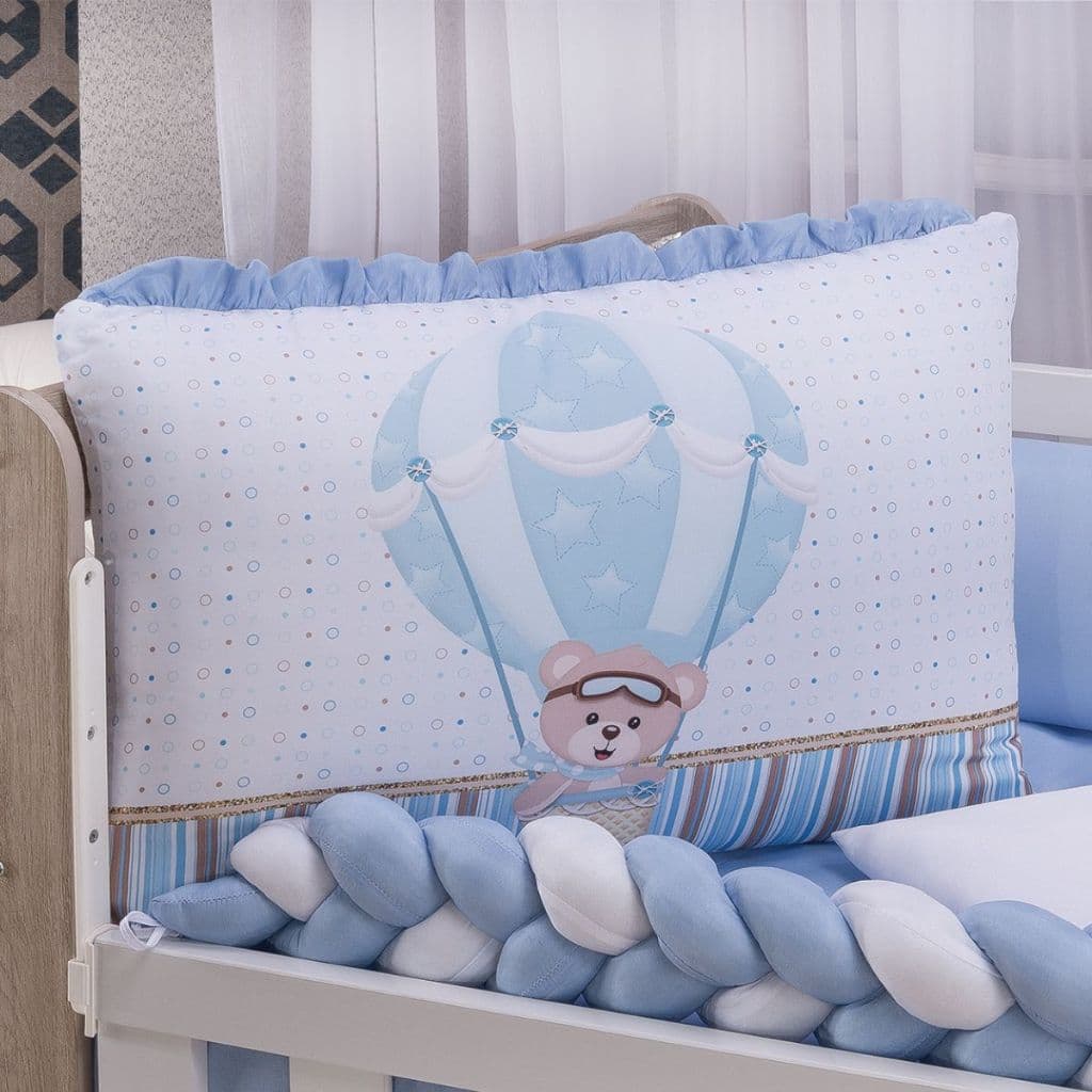 Kit Berço Urso Baloeiro Menino 10 Peças Enxoval Completo Bebê com Trança Protetora