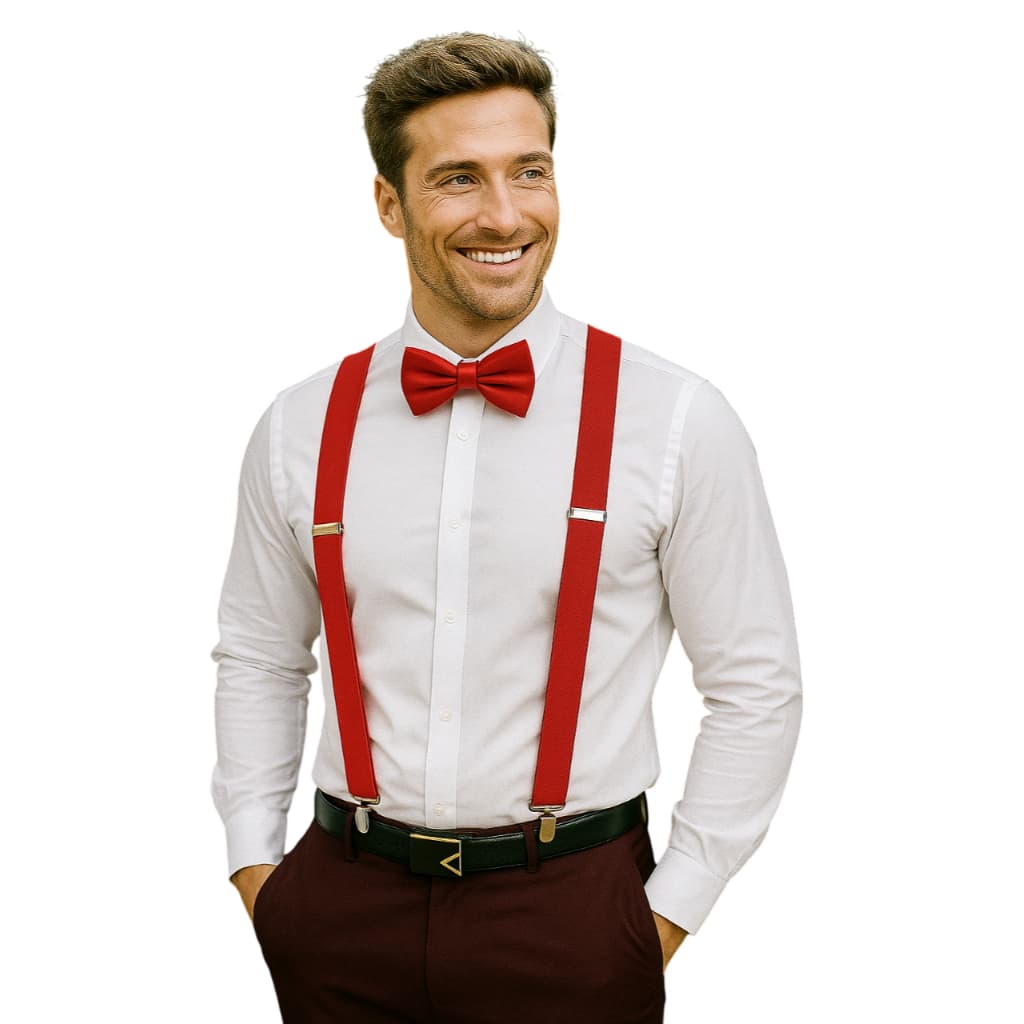 kit suspensório ajustável adulto masculino e feminino vermelho com gravata borboleta