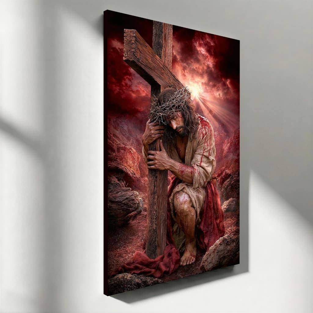 Quadro Decorativo Jesus com Cruz Arte Religiosa Dramática Vertical Fé e Sacrifício