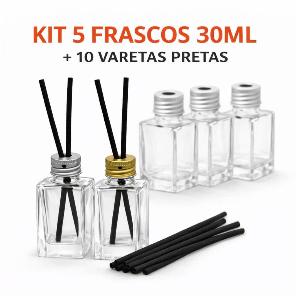 Kit 5 Frascos de Vidro 30ml para Aromatizador Tampa de Alumínio e 10 Varetas - Lembrancinhas