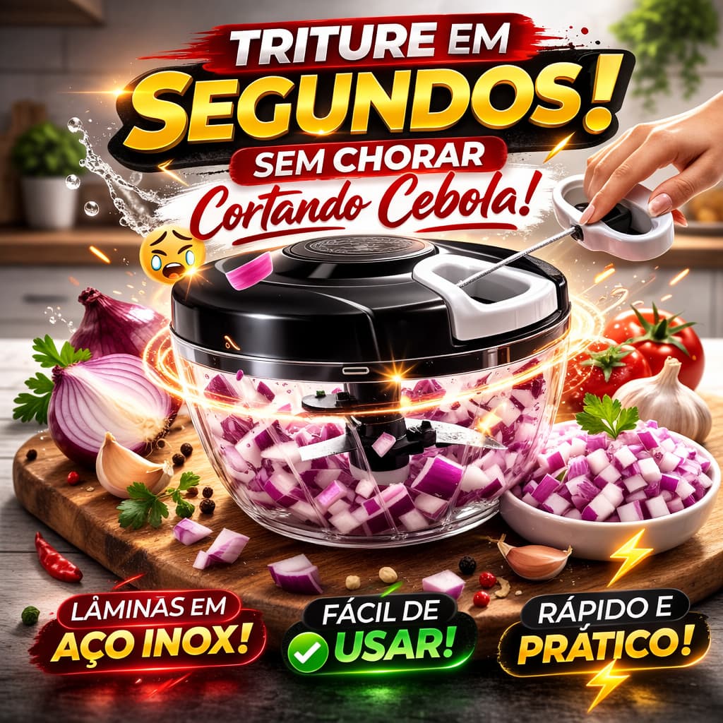 Triturador Manual de Alimentos 3 Lâminas | Corta Cebola e Alho em Segundos | Processador Portátil para CozinhaTriturador