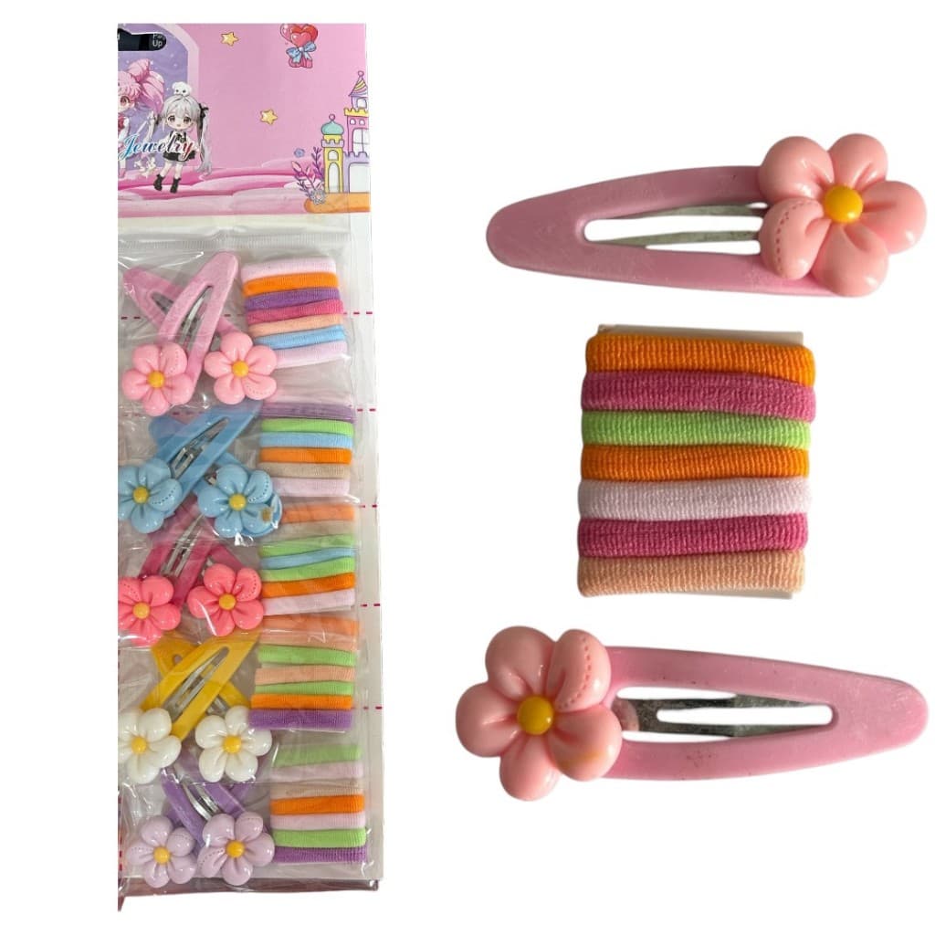 5 Kits de Presilha Tic Tac e Elásticos de cabelo Infantil Colorido 40 Peças