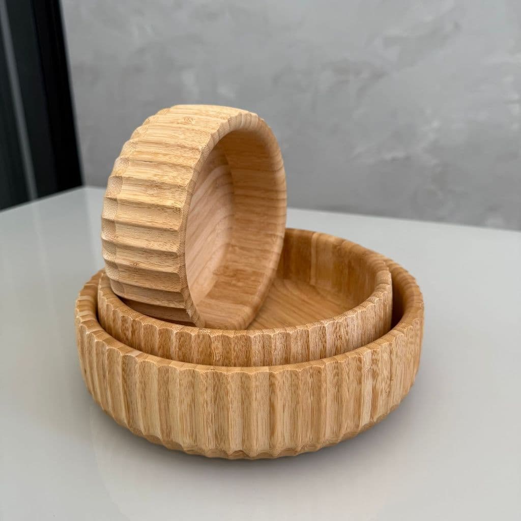 Kit Bowls Canelados De Bambu 3 Unidades Natural Saladeira Oikos