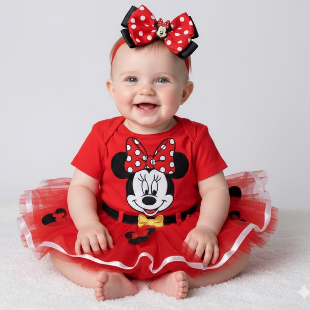 Body Minnie bebê temático mesvesário infantil Menina + laço +Tule