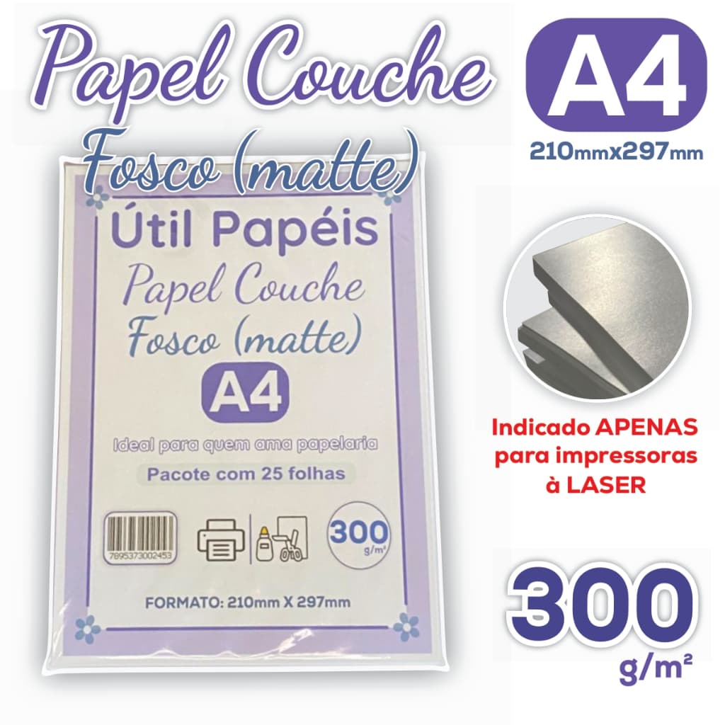 Papel Couche Fosco 300g A4 Pacote com 25/50 folhas Acabamento Matte Folha Branca 210x297mm P/ Laser