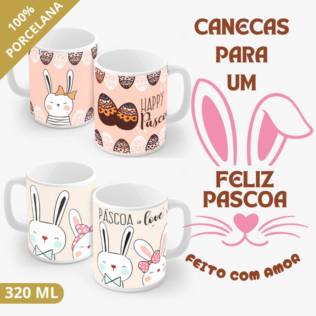 Caneca de Porcelana 320ML Feliz Páscoa Coelhinho Ótima Qualidade