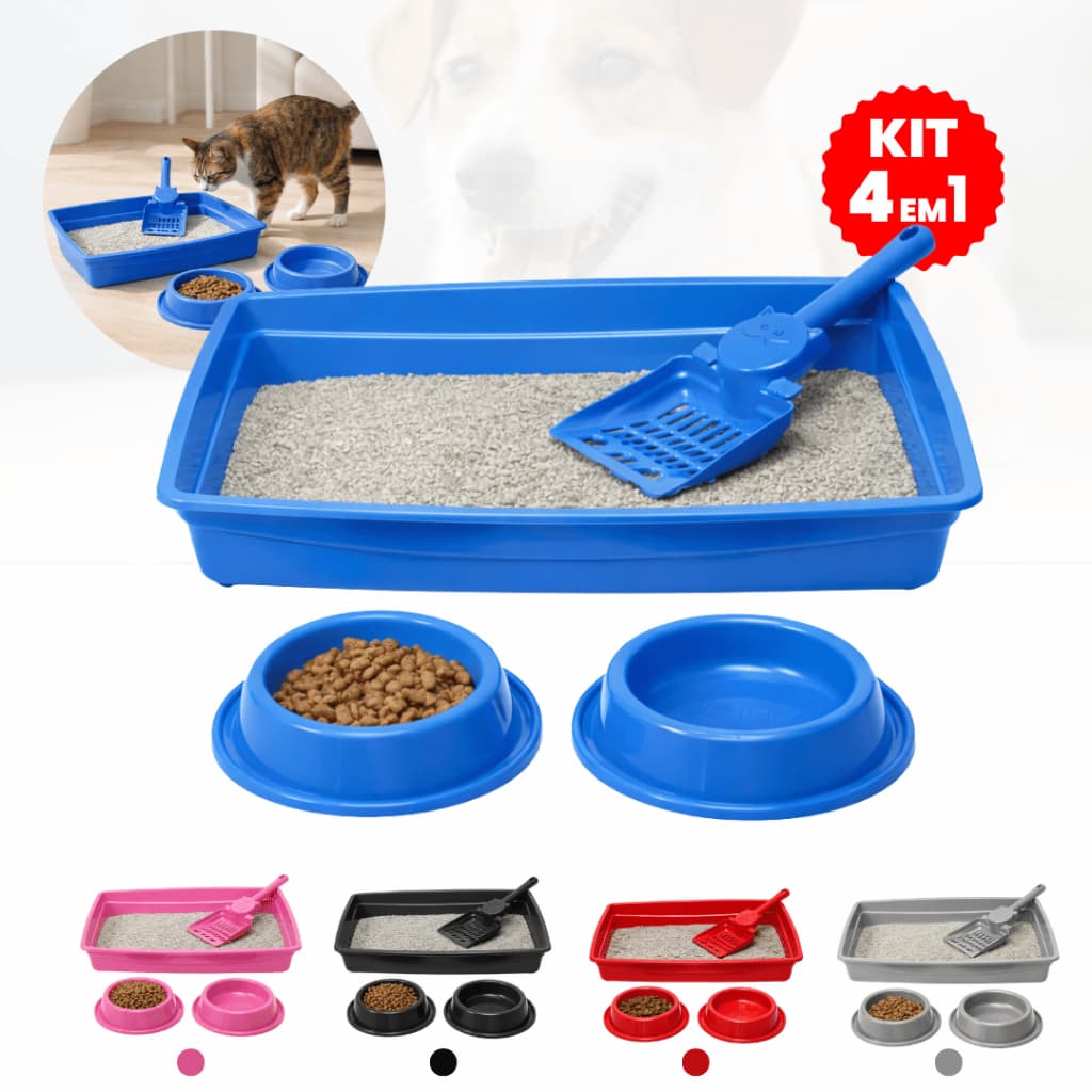 Kit Gato 4x1 Caixa de Areia Bandeja Sanitária Com Pá Comedouro Bebedouro Plástico Resistente