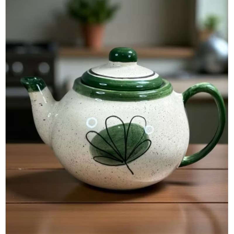 Bule De Café Ou Chá Em Cerâmica Decorado Verde Pintado A Mão 600ml