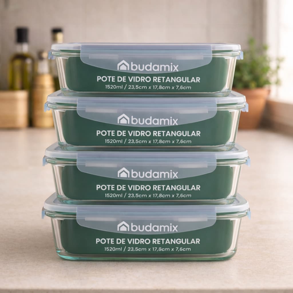 Conjunto 4 Potes Vidro 1520ml Retangular Hermético Vedação 4 Travas Marmita