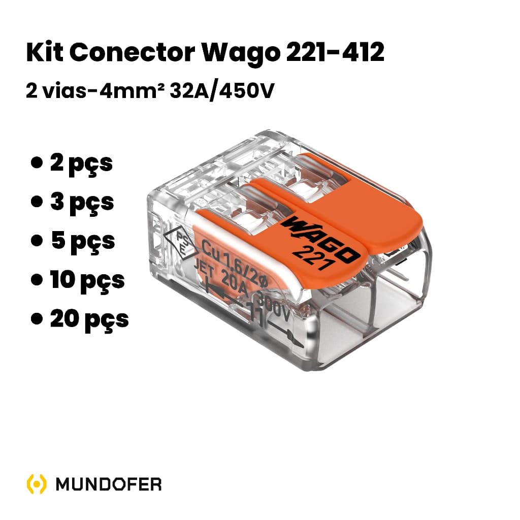 Kit 2,3,5 peças Conector Elétrico Emenda  Para fios Wago 221 Original 4mm² 412