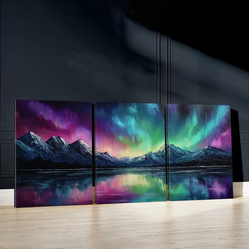 Kit 3 Quadros Decorativos Aurora Boreal e Montanhas Noite Estrelada Sem Furar Parede