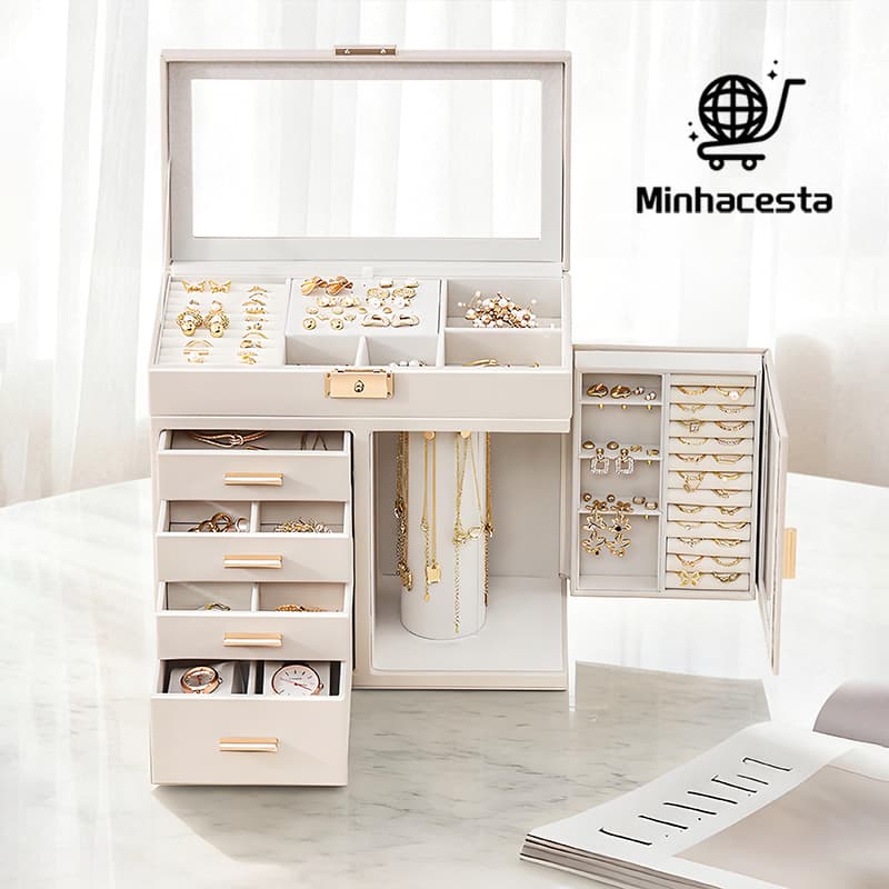 Caixa De Joias Organizador de Multilayer Grande com Chave couro Luxuoso para Colares e Brincos Q21