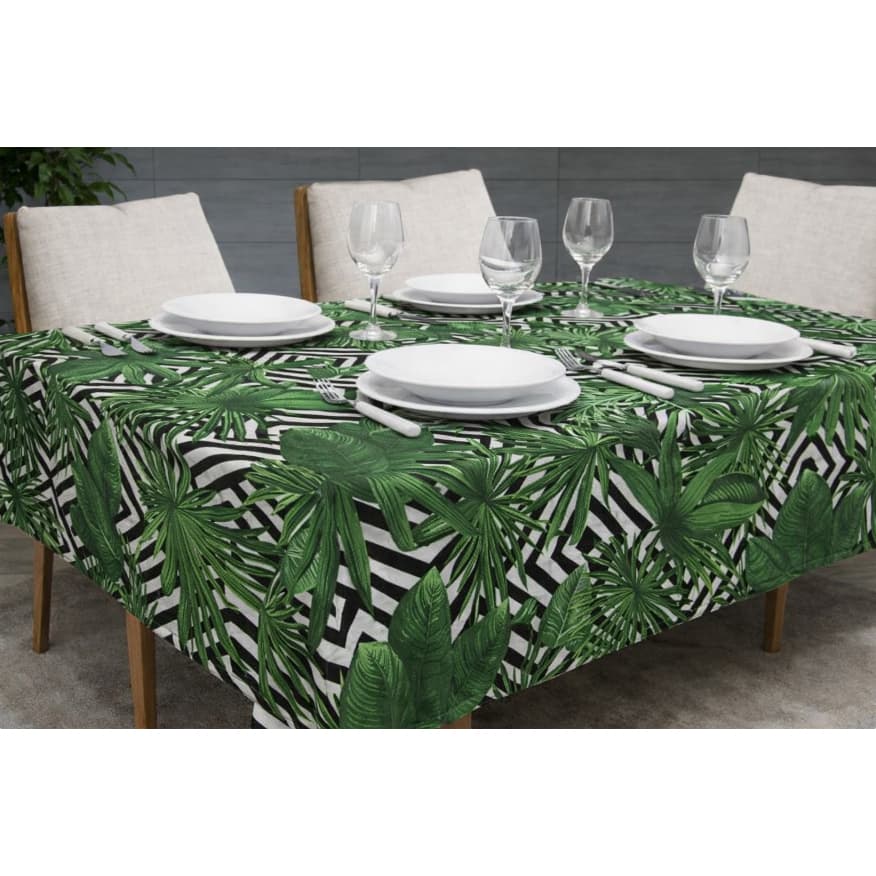 Toalha de Mesa Tropical Folhagem e Bambu 4, 6 e 8 Lugares – Estampa Moderna Decorativa