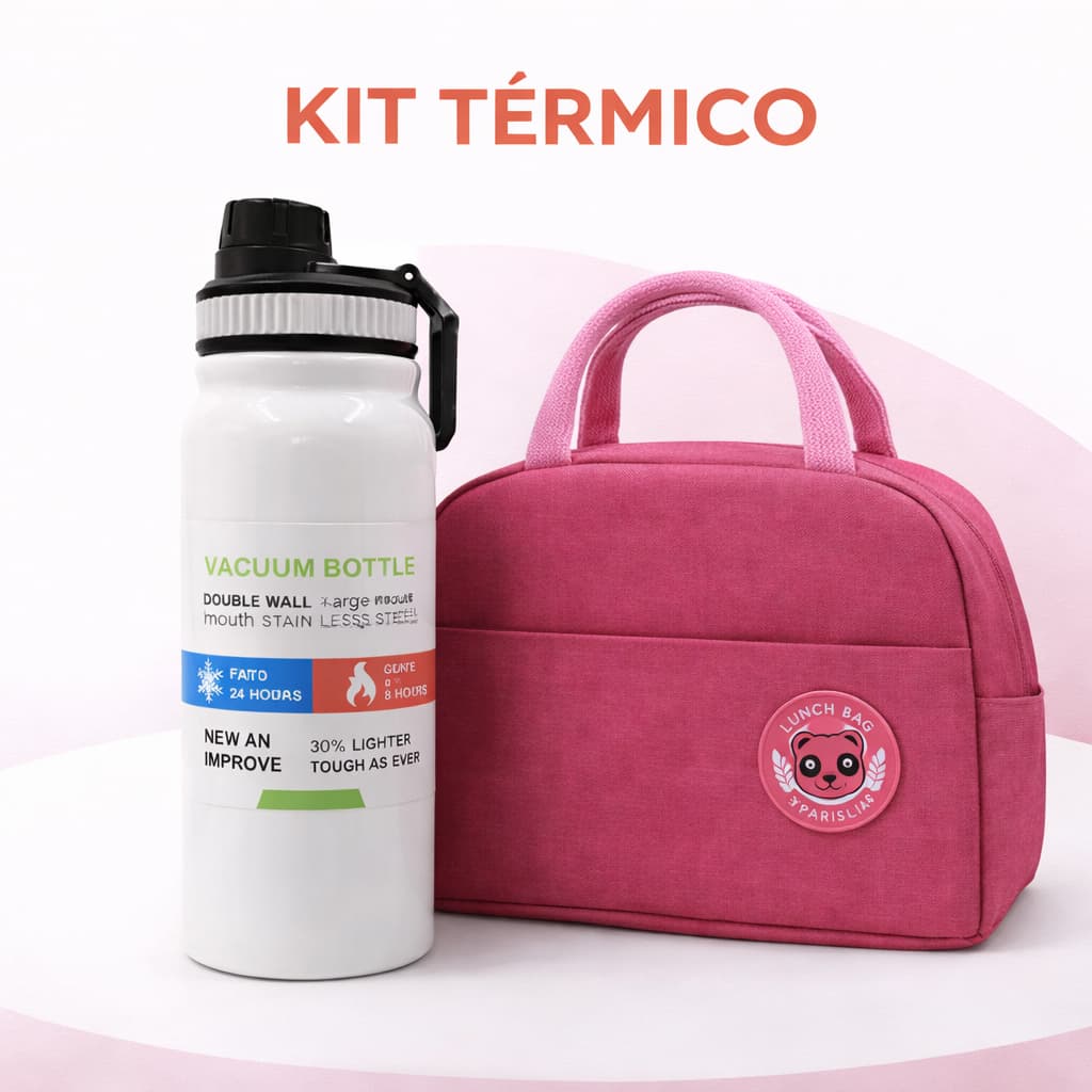 Kit Garrafa Térmica Inox 600Ml Esportiva Premium Com Alça + Bolsa Térmica Para Marmita Lancheira
