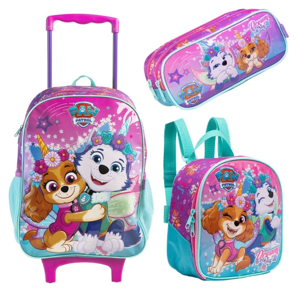 Kit Mochila de carrinho lancheira e estojo Patrulha Canina Skye
