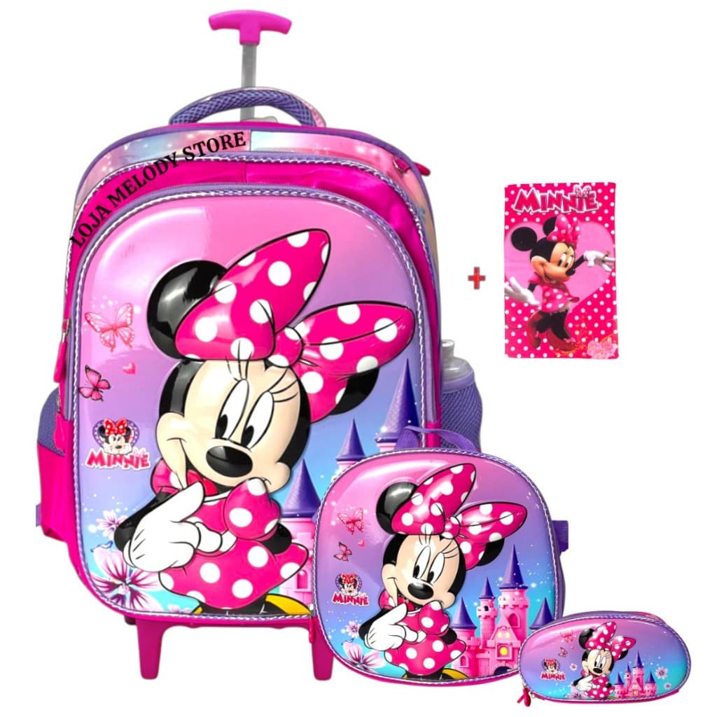 🎀Kit Mochila Infantil e Juvenil com Rodinhas Minnie 3D  + Toalha 🎀