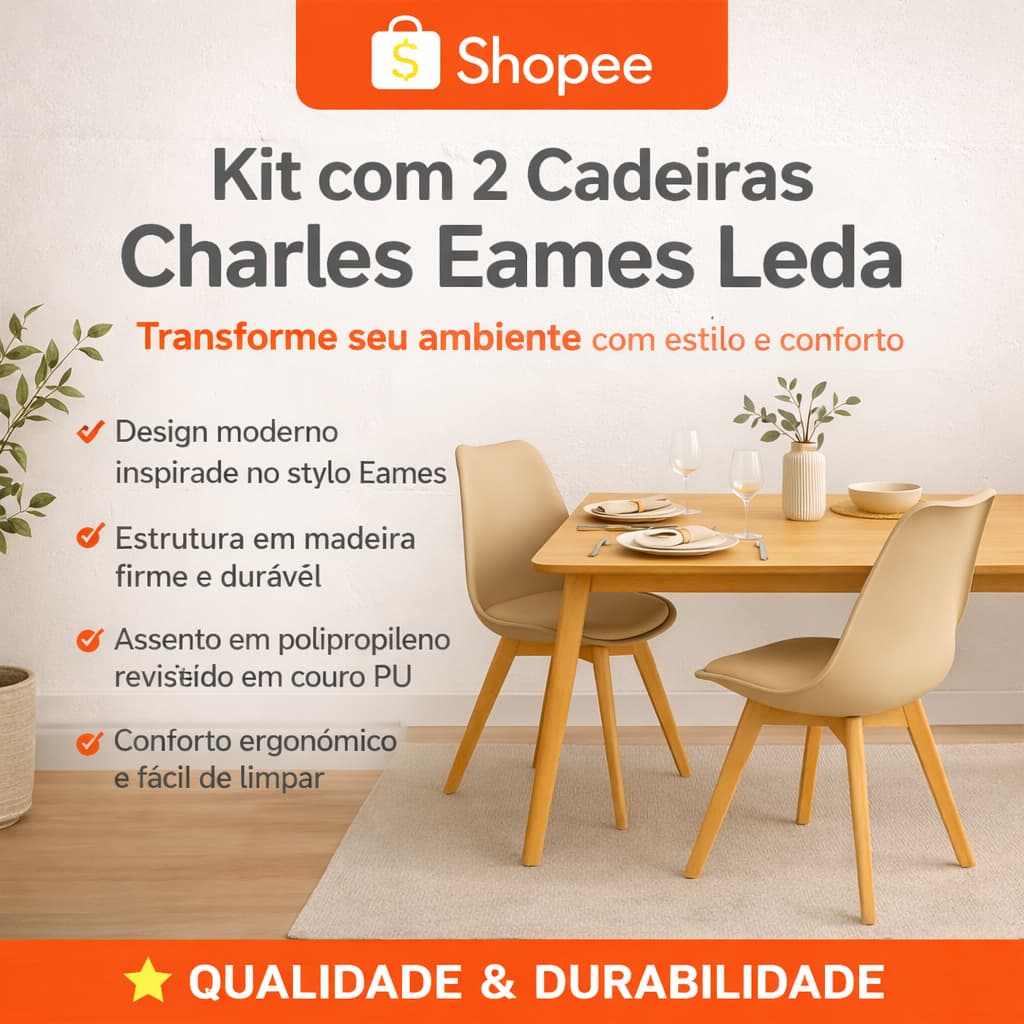 Kit 2 Cadeiras Charles Eames Leda Bitlar Base Madeira Couro PU Design Moderno