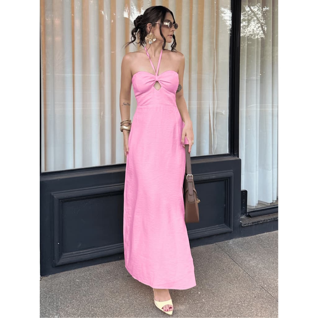Vestido Longo Feminino Amarração Nó Busto Fenda Lastex Nas Costas Tecido Marrant Festa Casamento Madrinha Elegante Chic