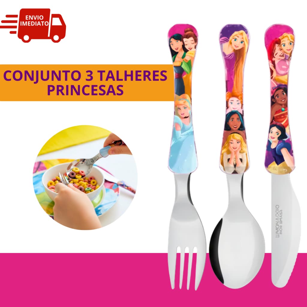 Talheres Princesas 1 Kit Garfo + 1 Faca + 1 Colher Infantil Disney Rapunzel Cinderela Unicórnio Inox