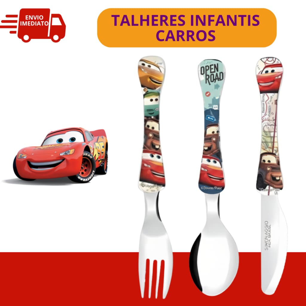 Talheres 1 Garfo + 1 Faca + 1 Colher Kit Carros Relâmpago McQueen Disney Volta as Aulas Talher Infantil