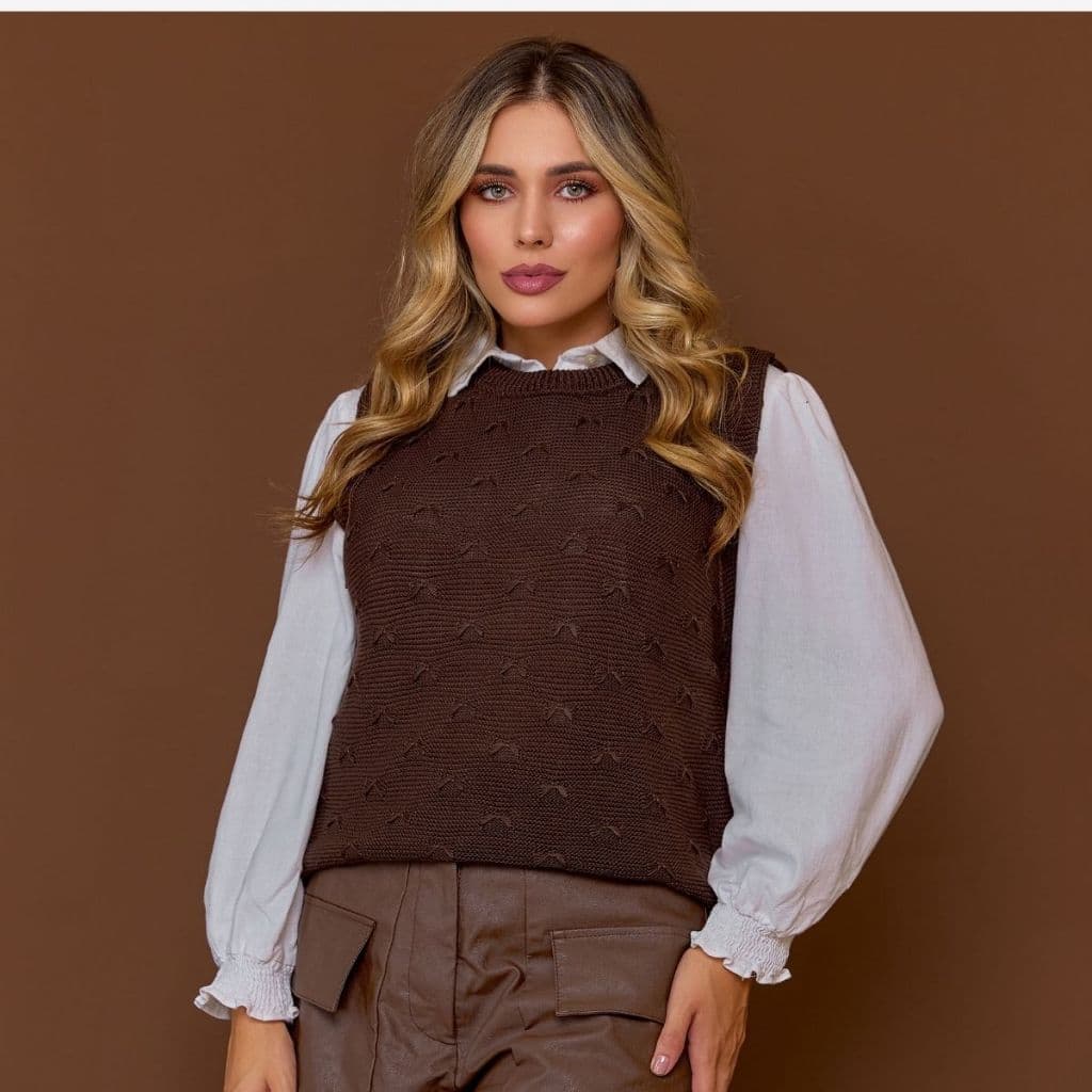 Colete Max Feminino Luxo Alongado Tricot Moda Blogueira Laços