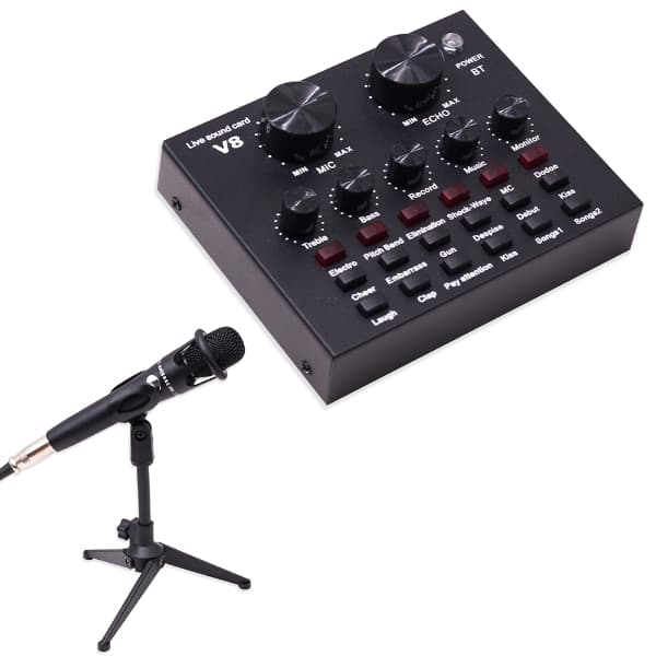 Kit De Mixer Com Placa de Som V8 E Microfone E300 Mini Mixer Karaoke Bluetooth Live Usb - Preto