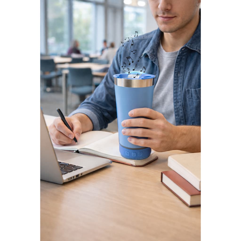 Normal Bluetooth - Copo Térmico Som Led e TAMPA com ABRIDOR (420 ml) - Azul Claro