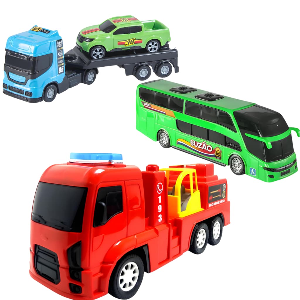 Kit Brinquedo 1 Caminhão De Bombeiro 1 Mini Reboque 1 Mini Buzão Plástico Menino Criança Articulável
