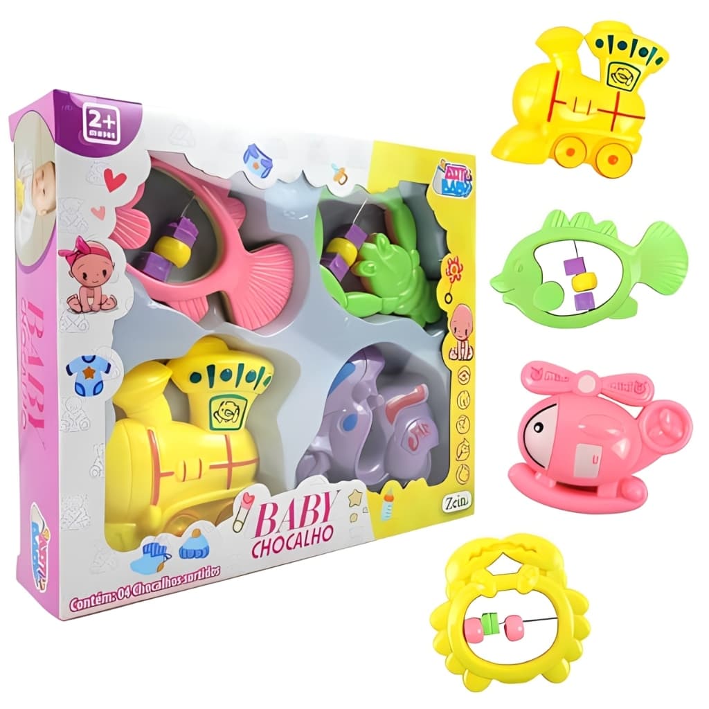 Chocalho Para Bebê com 4 Peças Menino e Menina Brinquedo Educativo Bebê
