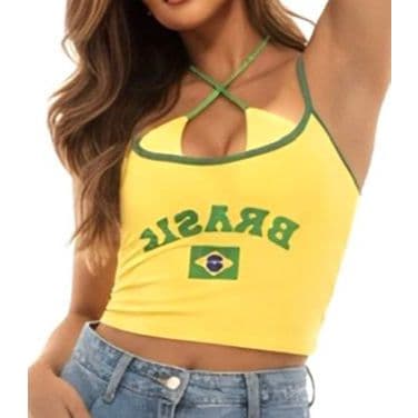 Brasil Feminino Copa Cropped e Short Estilo Influencer Brazil Core Moda Verão 36 ao 42