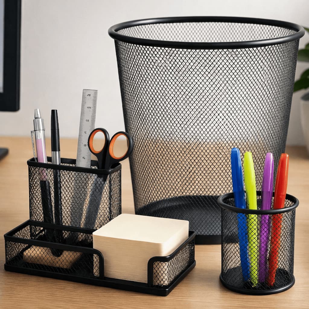 Kit Lixeira de Escritório 10 Litros Metal Telada+ Porta Trecos Organização e Porta Lápis Caneta