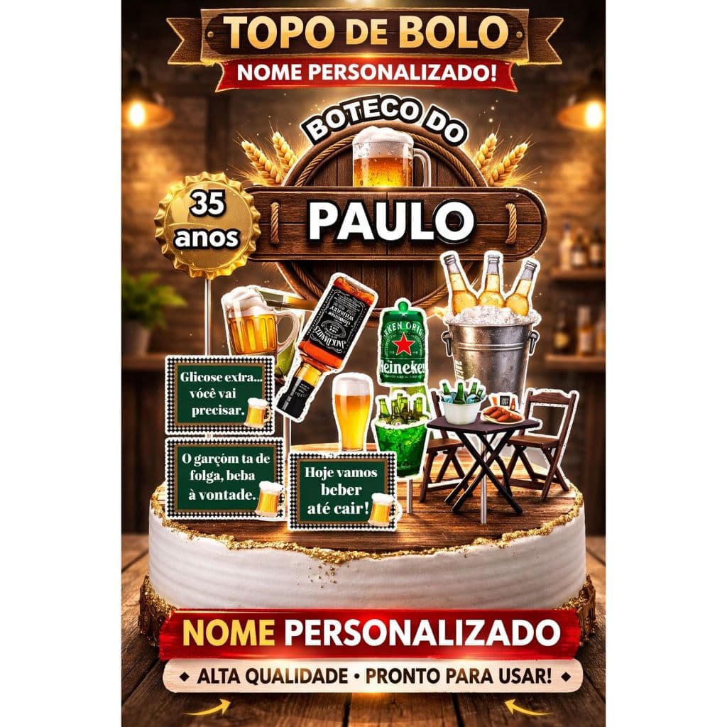 Topo de bolo boteco simples | Topper de bolo | festa boteco | Personalizados com nome e idade