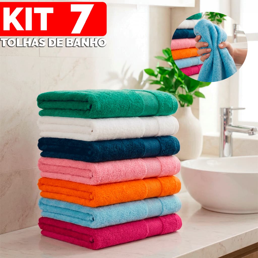 Kit 7 Toalhas de Banho Elleganza Banhão 65x120cm Macia Resistente 100% Algodão Alta Absorção