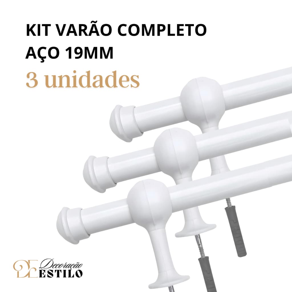 Kit Varão de Cortina e Suporte p Instalação Completa de 2,00 Metro por 19mm Varal em Aço Kit com 3Un