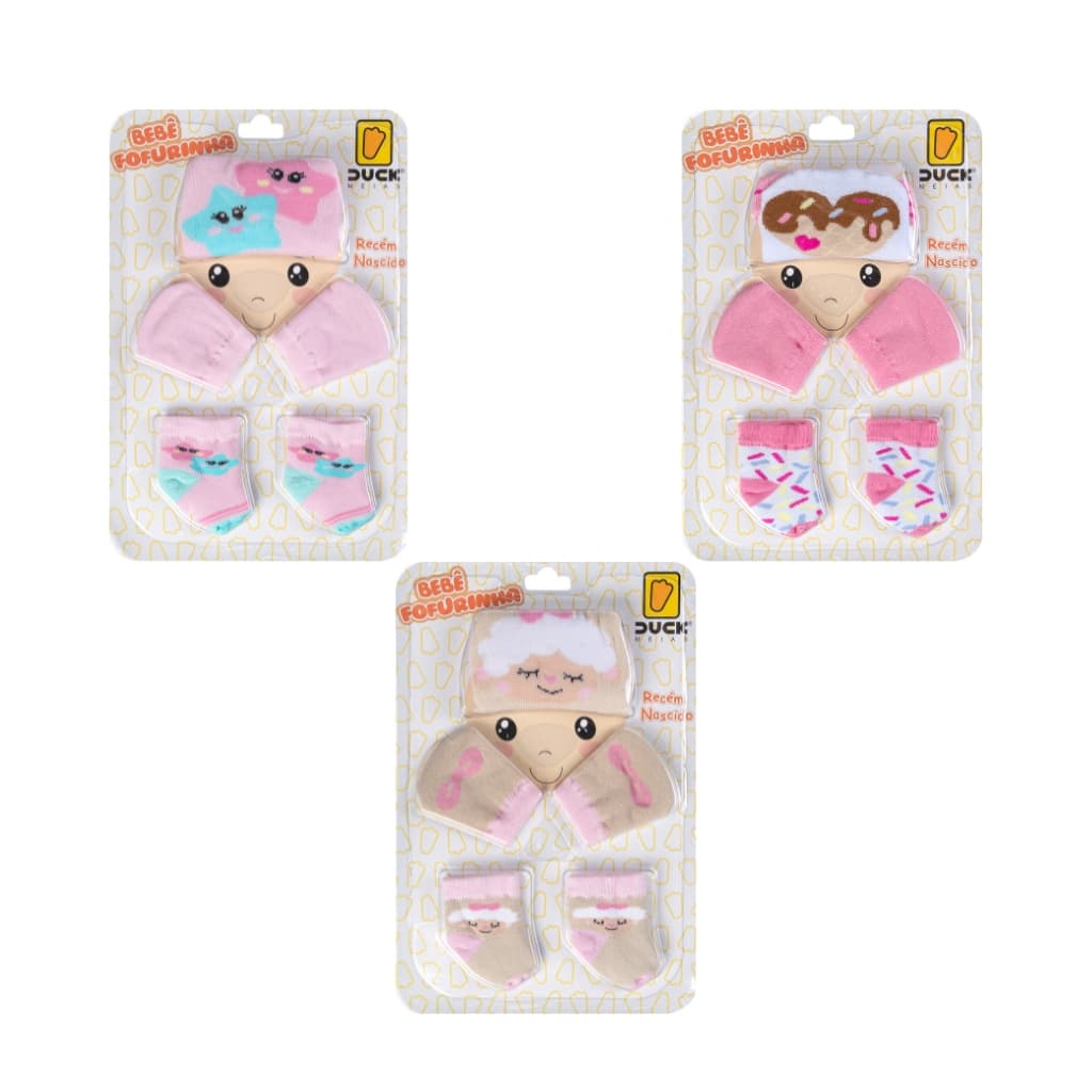 3 Kit Bebe Toca Luva E Meia Conjunto Recém Nascido Saida da Maternidade Menina Duck