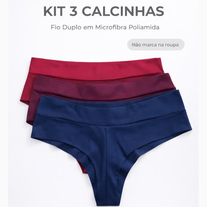 Kit 3 calcinhas fio duplo Microfibra e Poliamida Tanga Calcinha Confortável Reforçada