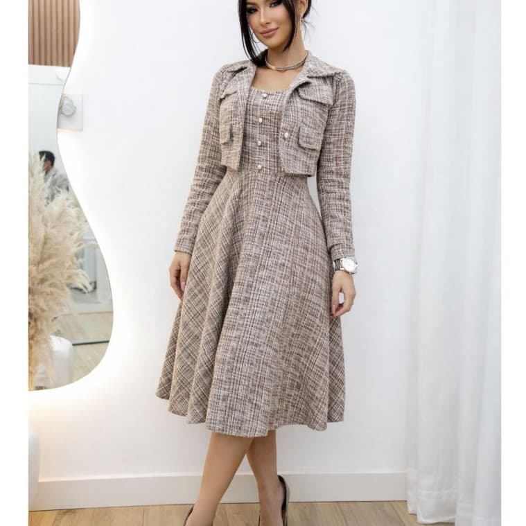 Conjunto Tweed de 2 Peças: Elegante Blazer Jaqueta Xadrez Príncipe de Gales + Vestido Justo Sem Mangas, Conjunto Elegant